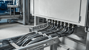 Cableado industrial organizado en bandeja metálica para instalación eléctrica segura.