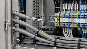Cables blindados dentro de un gabinete eléctrico industrial para protección contra interferencias electromagnéticas.
