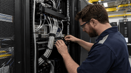 Técnico instalando cables blindados en rack de telecomunicaciones para proteger señales contra EMI.