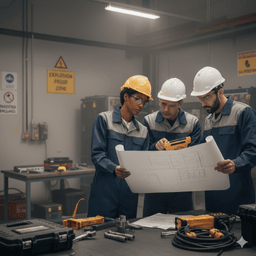 Tres ingenieros y técnicos en un taller industrial examinan planos con herramientas de precisión. La escena destaca seguridad laboral y equipos.